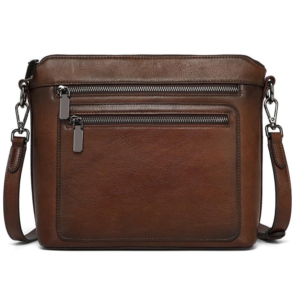 Elegant Brown Leather Crossbody Bag with Front Zip Pockets